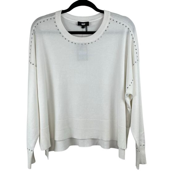 DKNY White Crewneck Stud Trim Split Hem Oversized Long Sleeve Sweater XL NWT - Picture 3 of 14